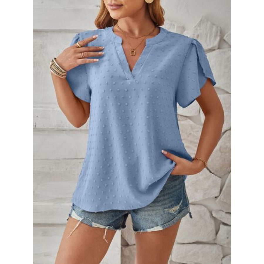 Swiss Dot Notched Petal Sleeve T - Shirt Apparel and Accessories