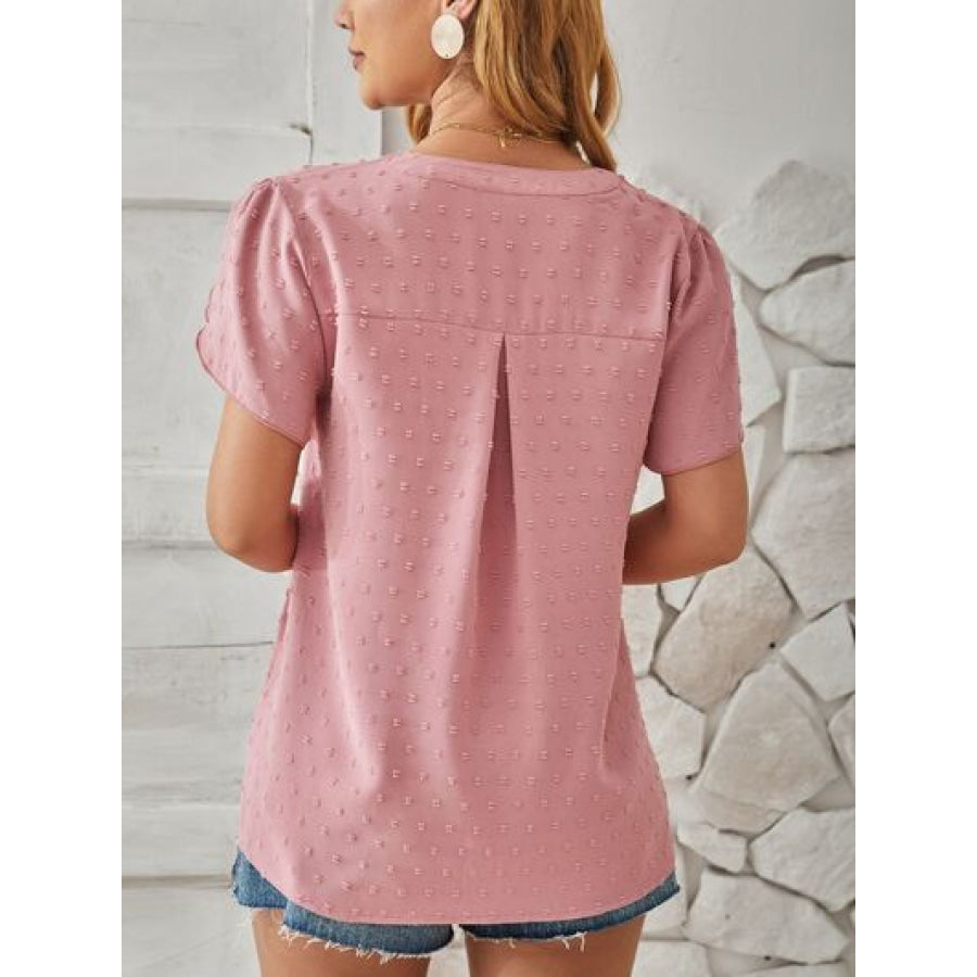 Swiss Dot Notched Petal Sleeve T - Shirt Apparel and Accessories