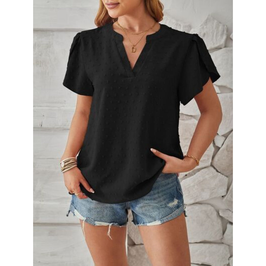 Swiss Dot Notched Petal Sleeve T - Shirt Apparel and Accessories