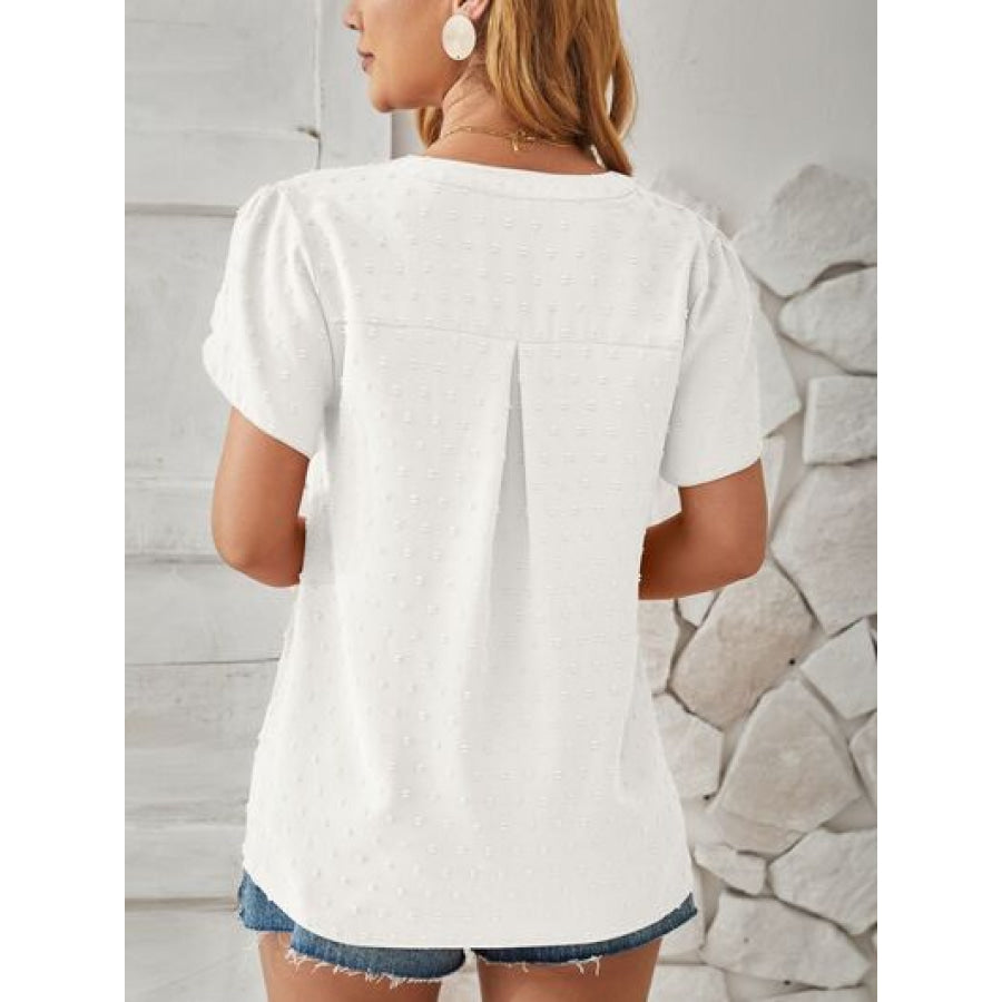 Swiss Dot Notched Petal Sleeve T - Shirt Apparel and Accessories