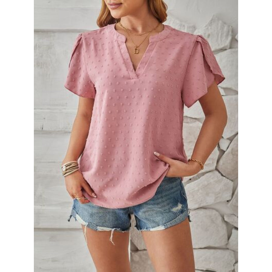 Swiss Dot Notched Petal Sleeve T - Shirt Apparel and Accessories