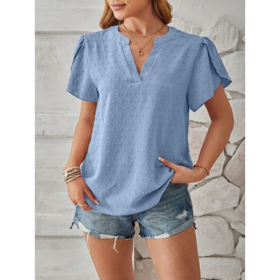 Swiss Dot Notched Petal Sleeve T - Shirt Apparel and Accessories