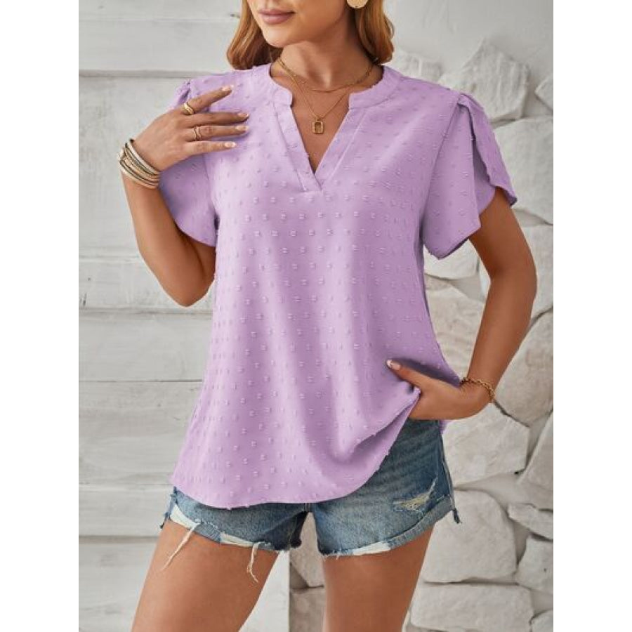 Swiss Dot Notched Petal Sleeve T - Shirt Apparel and Accessories