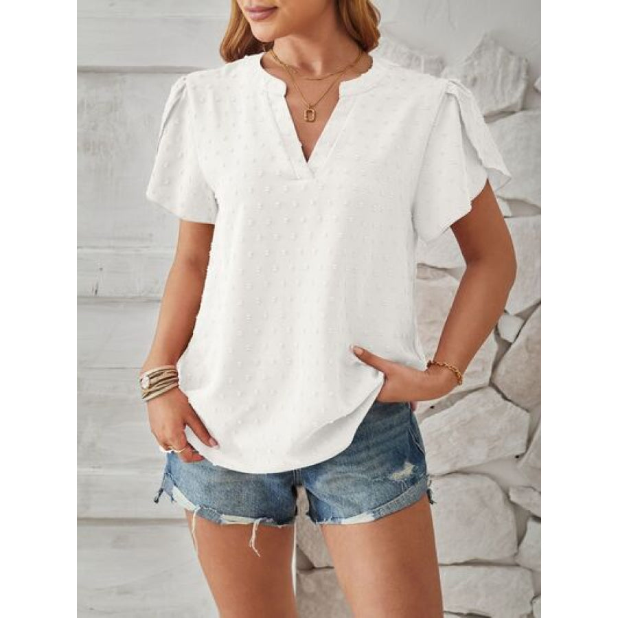 Swiss Dot Notched Petal Sleeve T - Shirt Apparel and Accessories