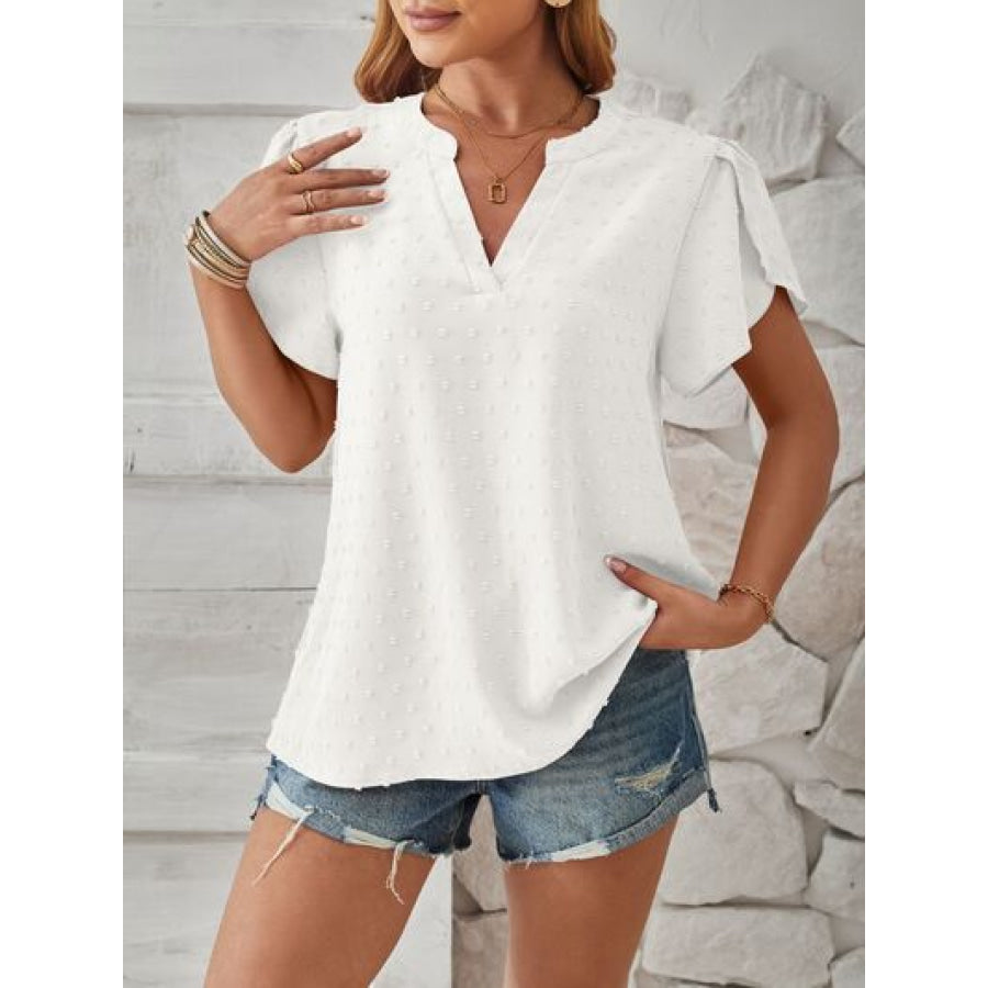 Swiss Dot Notched Petal Sleeve T - Shirt Apparel and Accessories