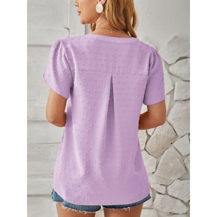 Swiss Dot Notched Petal Sleeve T - Shirt Apparel and Accessories