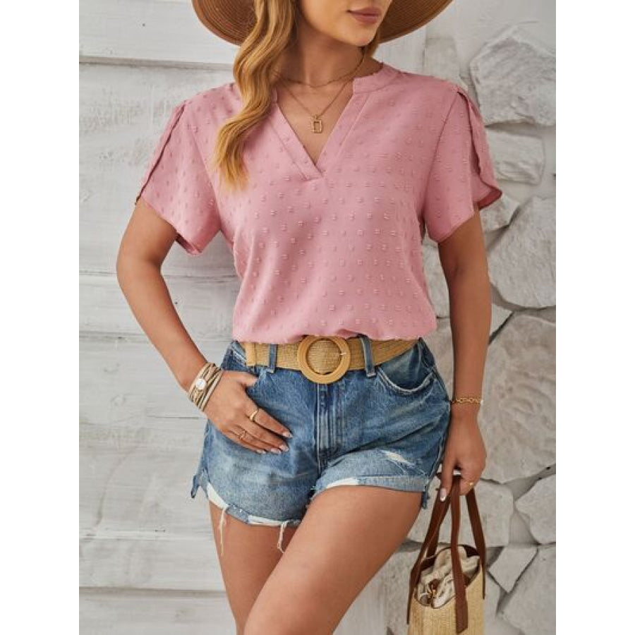 Swiss Dot Notched Petal Sleeve T - Shirt Dusty Pink / S Apparel and Accessories