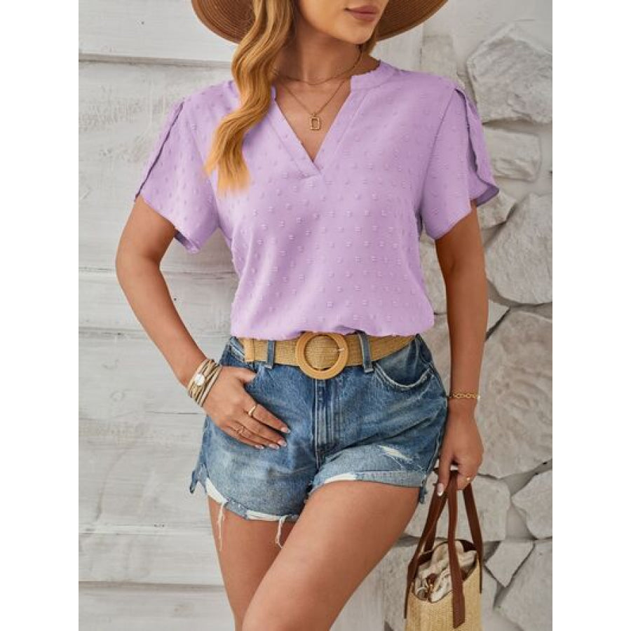 Swiss Dot Notched Petal Sleeve T - Shirt Lavender / S Apparel and Accessories