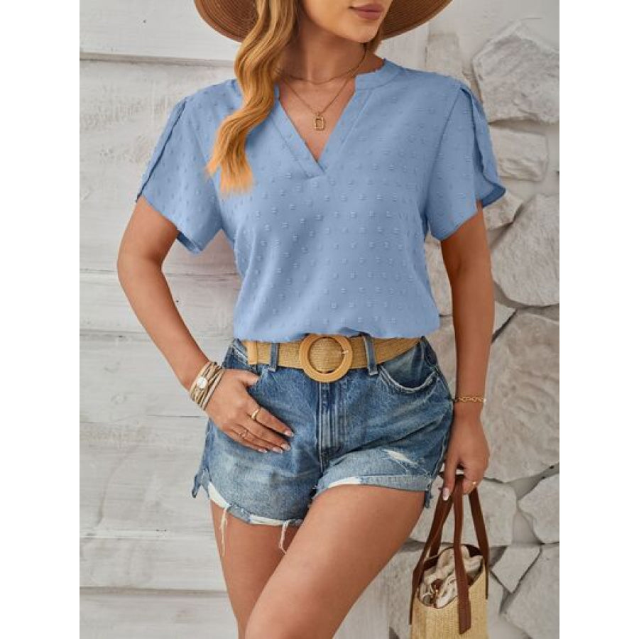 Swiss Dot Notched Petal Sleeve T - Shirt Misty Blue / S Apparel and Accessories