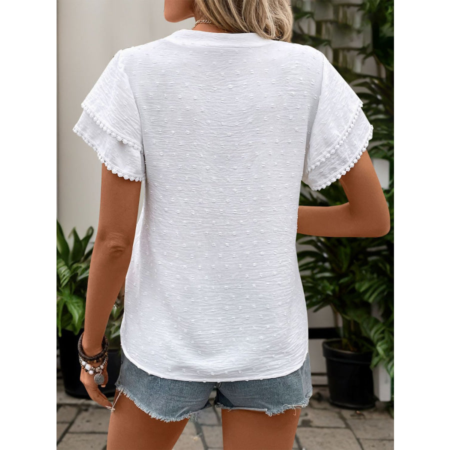 Swiss Dot Notched Short Sleeve Blouse White / S Apparel and Accessories