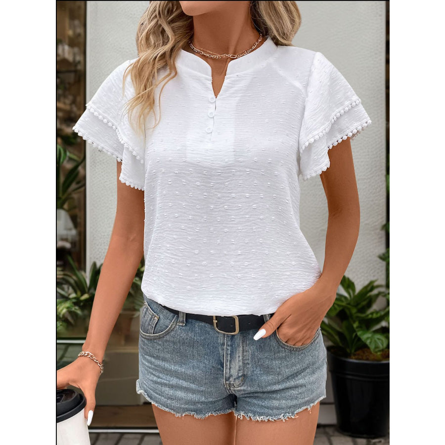 Swiss Dot Notched Short Sleeve Blouse Apparel and Accessories