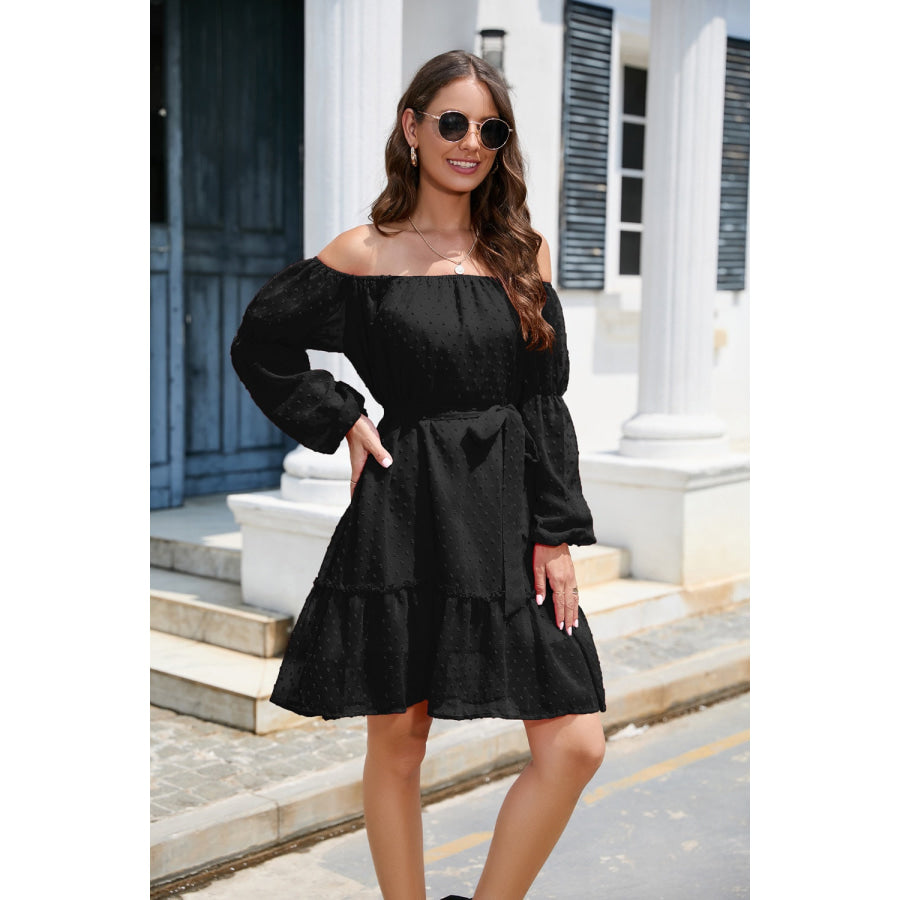 Swiss Dot Off - Shoulder Balloon Sleeve Dress Apparel and Accessories