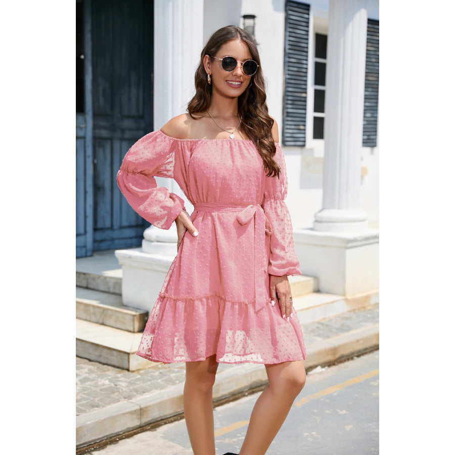 Swiss Dot Off - Shoulder Balloon Sleeve Dress Apparel and Accessories