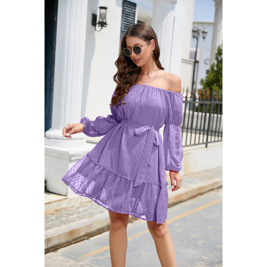 Swiss Dot Off - Shoulder Balloon Sleeve Dress Apparel and Accessories