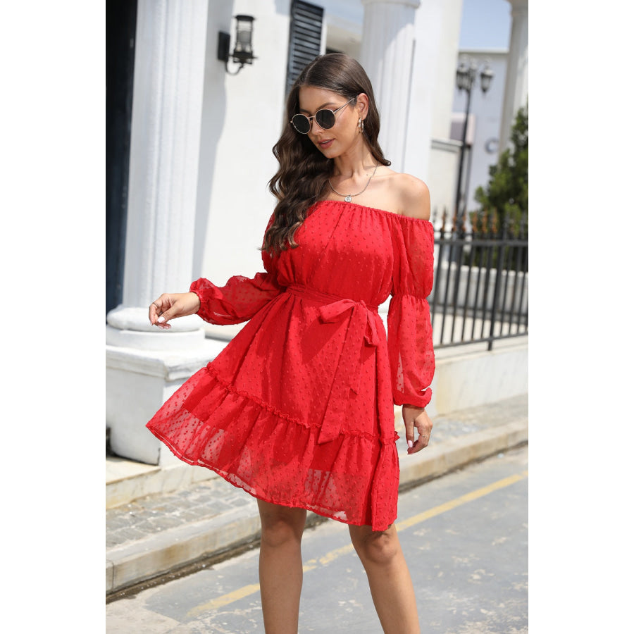 Swiss Dot Off - Shoulder Balloon Sleeve Dress Apparel and Accessories