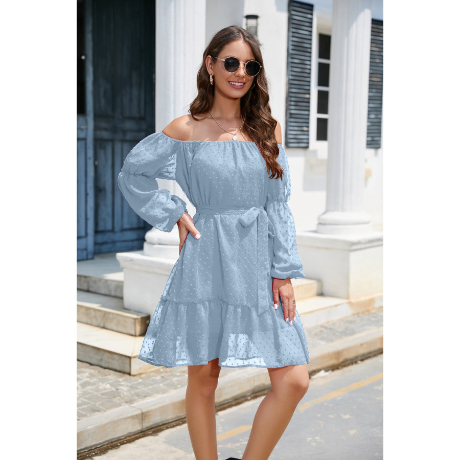 Swiss Dot Off - Shoulder Balloon Sleeve Dress Apparel and Accessories