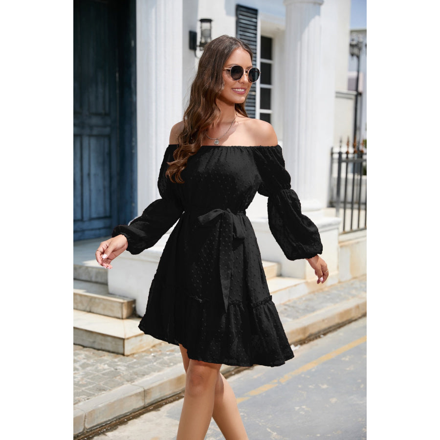 Swiss Dot Off - Shoulder Balloon Sleeve Dress Black / S Apparel and Accessories