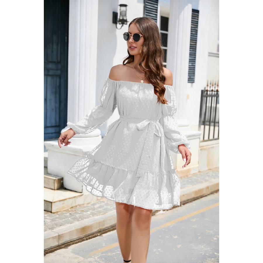 Swiss Dot Off - Shoulder Balloon Sleeve Dress White / S Apparel and Accessories