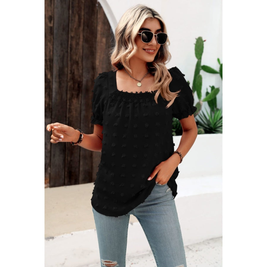 Swiss Dot Puff Sleeve Square Neck Blouse Black / S