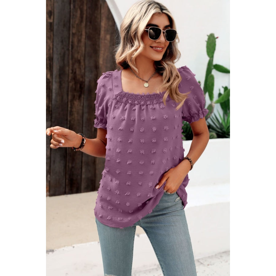 Swiss Dot Puff Sleeve Square Neck Blouse Lilac / S