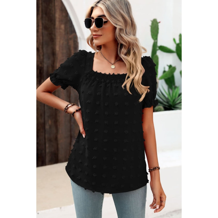 Swiss Dot Puff Sleeve Square Neck Blouse