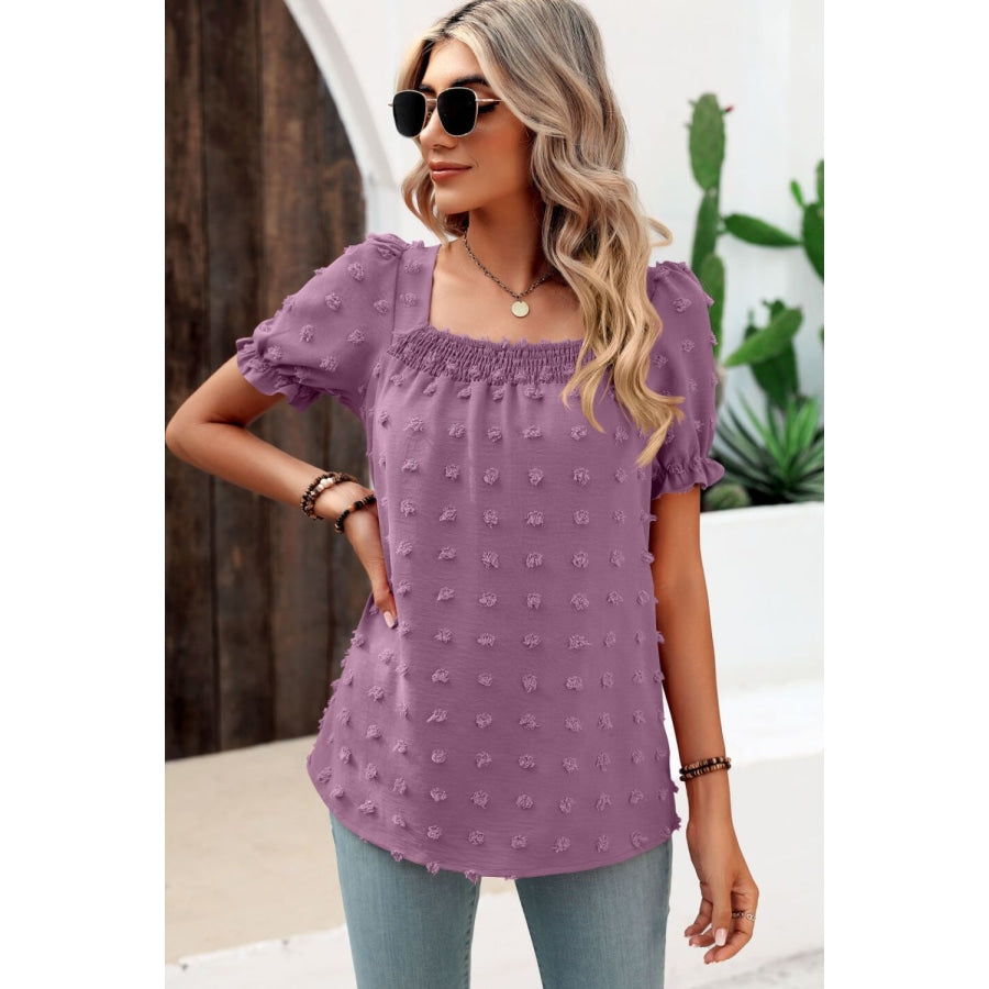 Swiss Dot Puff Sleeve Square Neck Blouse