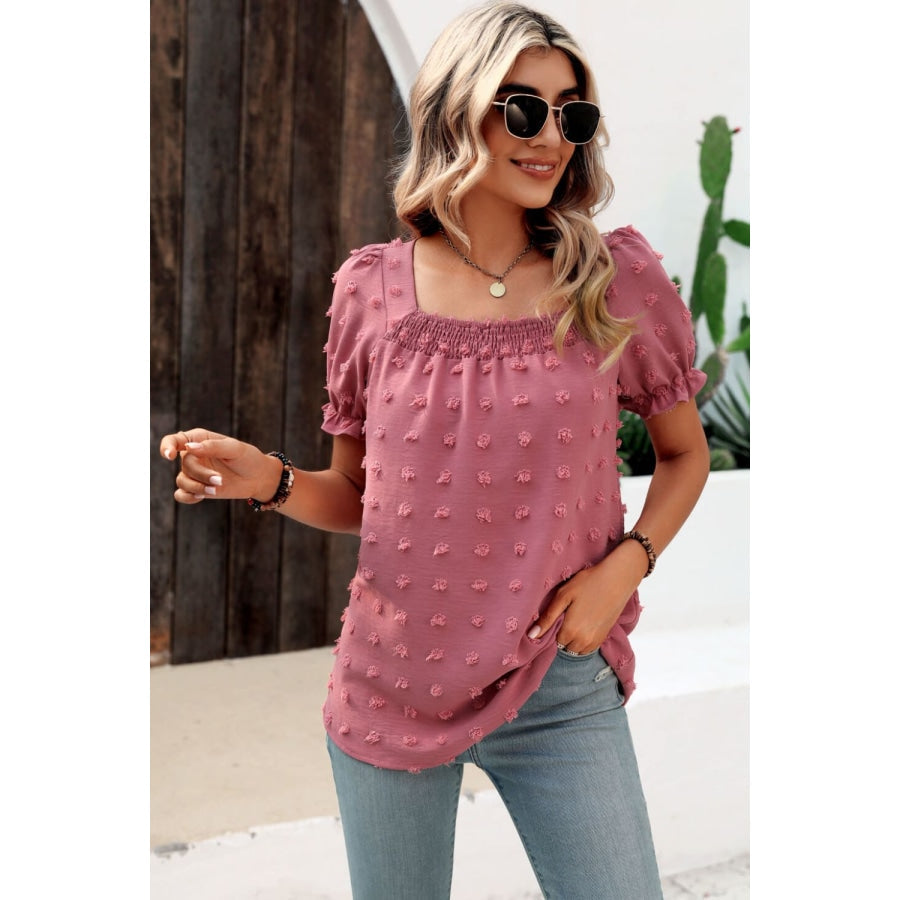 Swiss Dot Puff Sleeve Square Neck Blouse