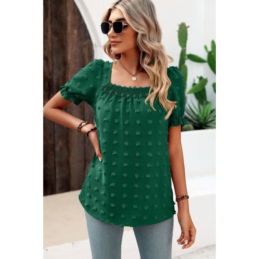 Swiss Dot Puff Sleeve Square Neck Blouse