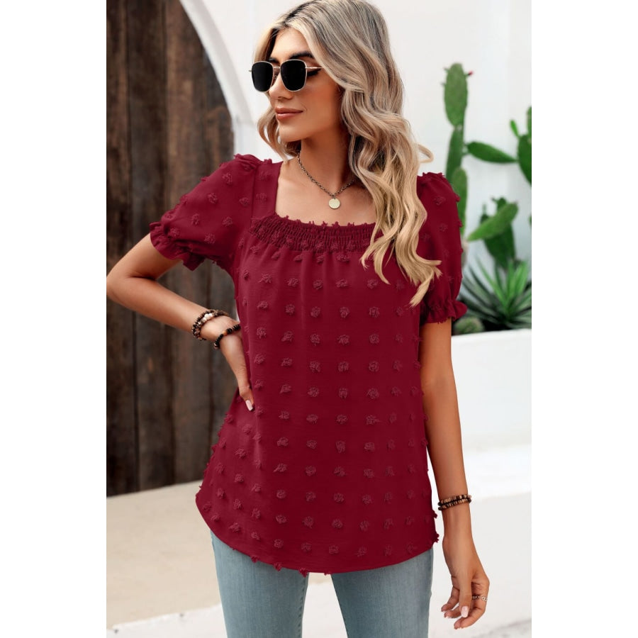 Swiss Dot Puff Sleeve Square Neck Blouse