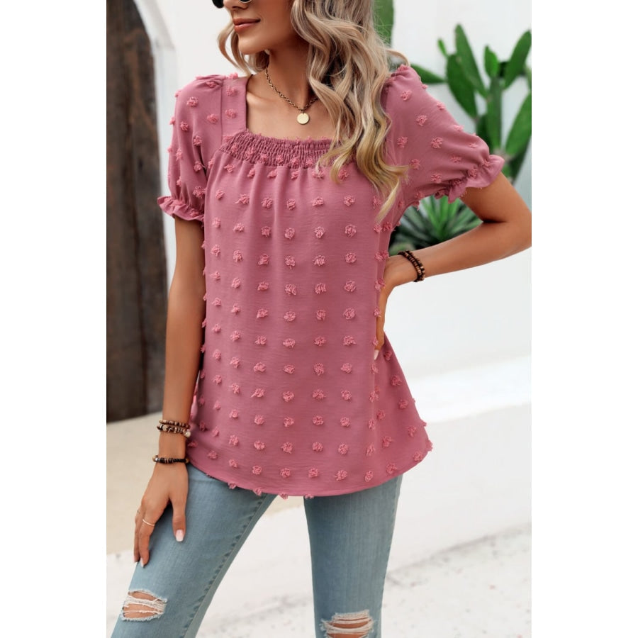 Swiss Dot Puff Sleeve Square Neck Blouse