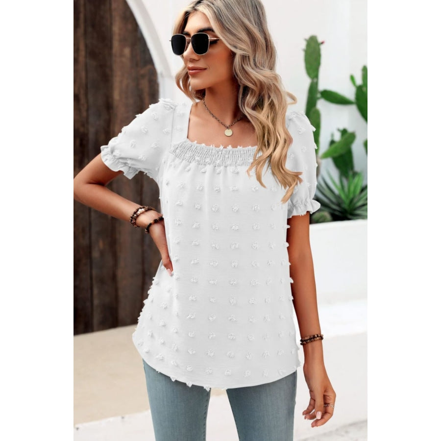 Swiss Dot Puff Sleeve Square Neck Blouse