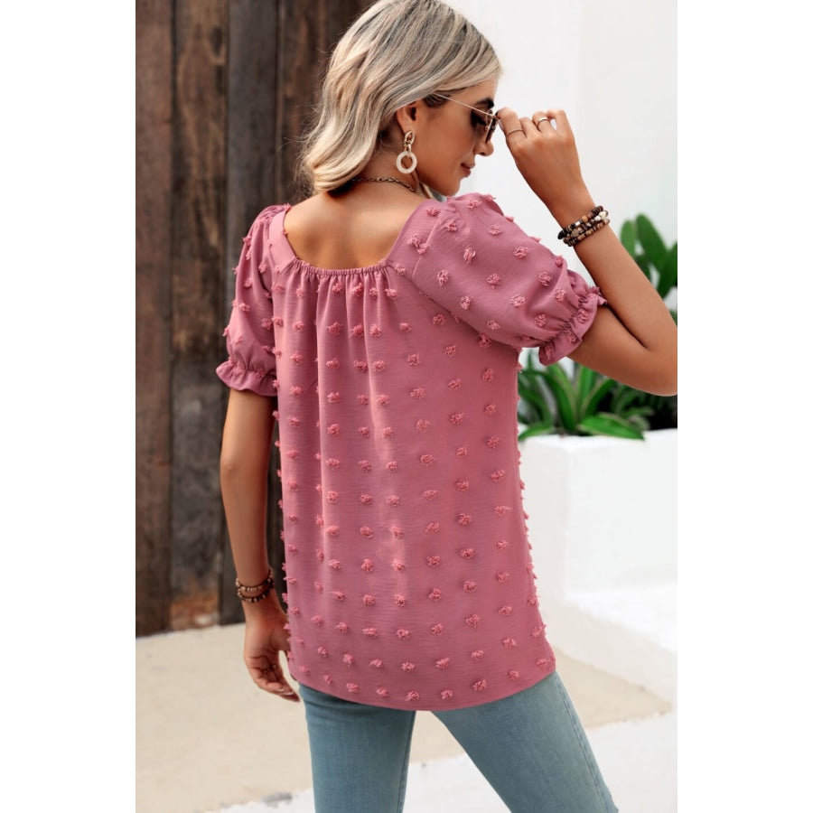 Swiss Dot Puff Sleeve Square Neck Blouse