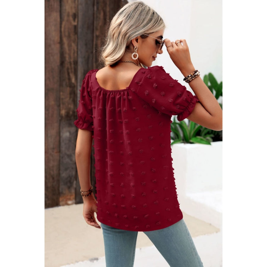 Swiss Dot Puff Sleeve Square Neck Blouse