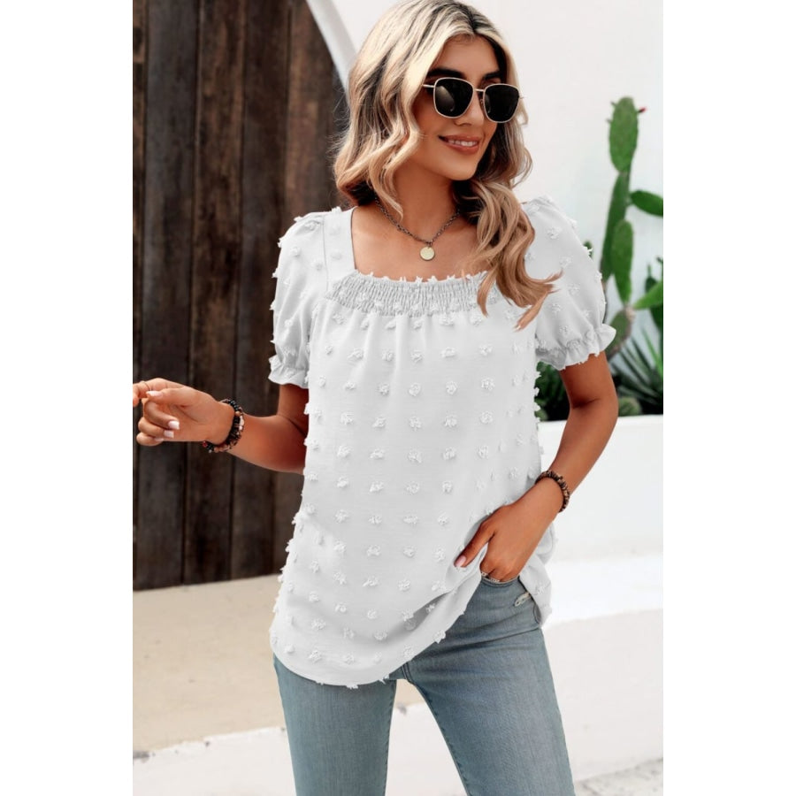 Swiss Dot Puff Sleeve Square Neck Blouse White / S