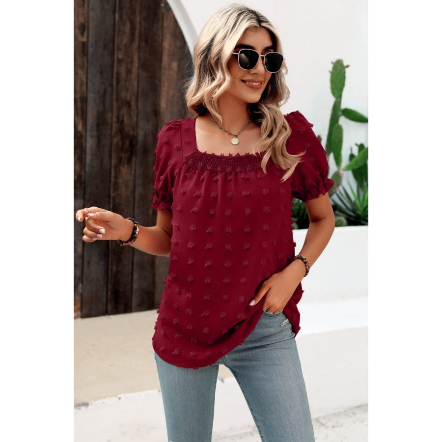 Swiss Dot Puff Sleeve Square Neck Blouse Wine / S