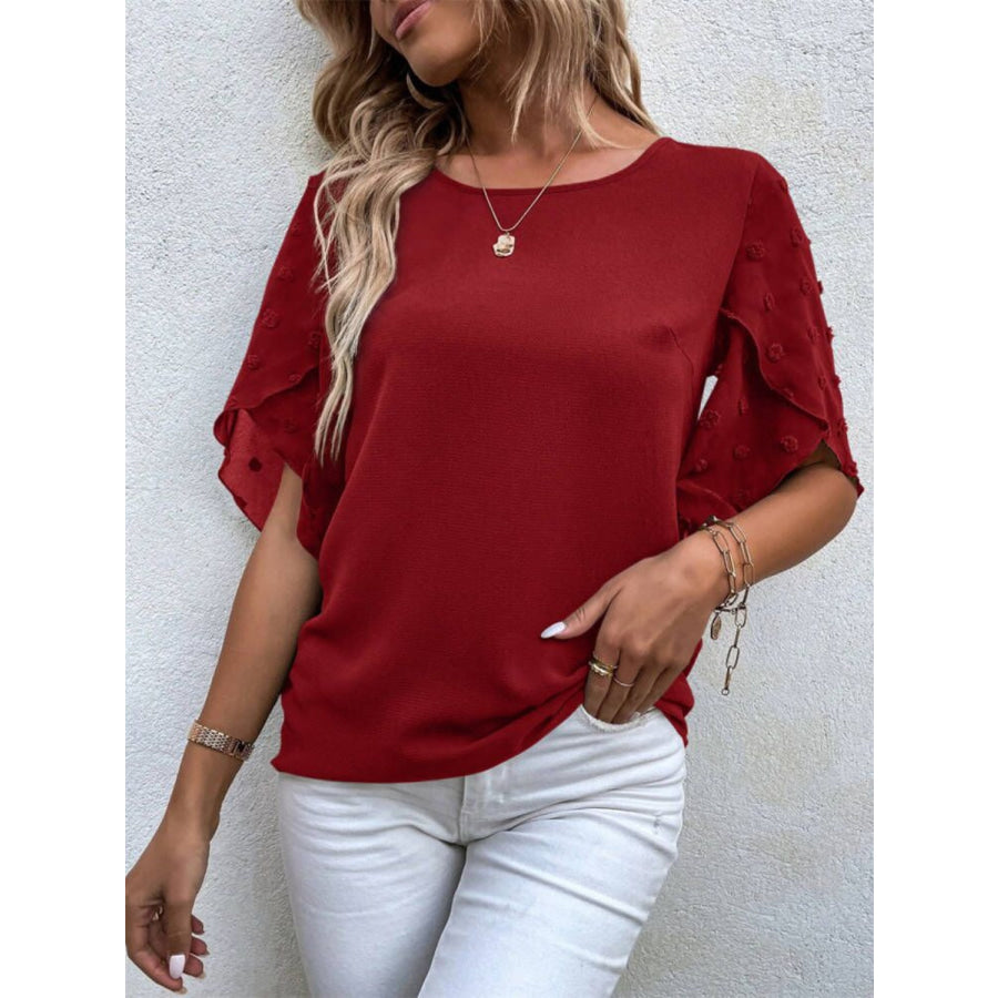 Swiss Dot Round Neck Half Sleeve Blouse Apparel and Accessories