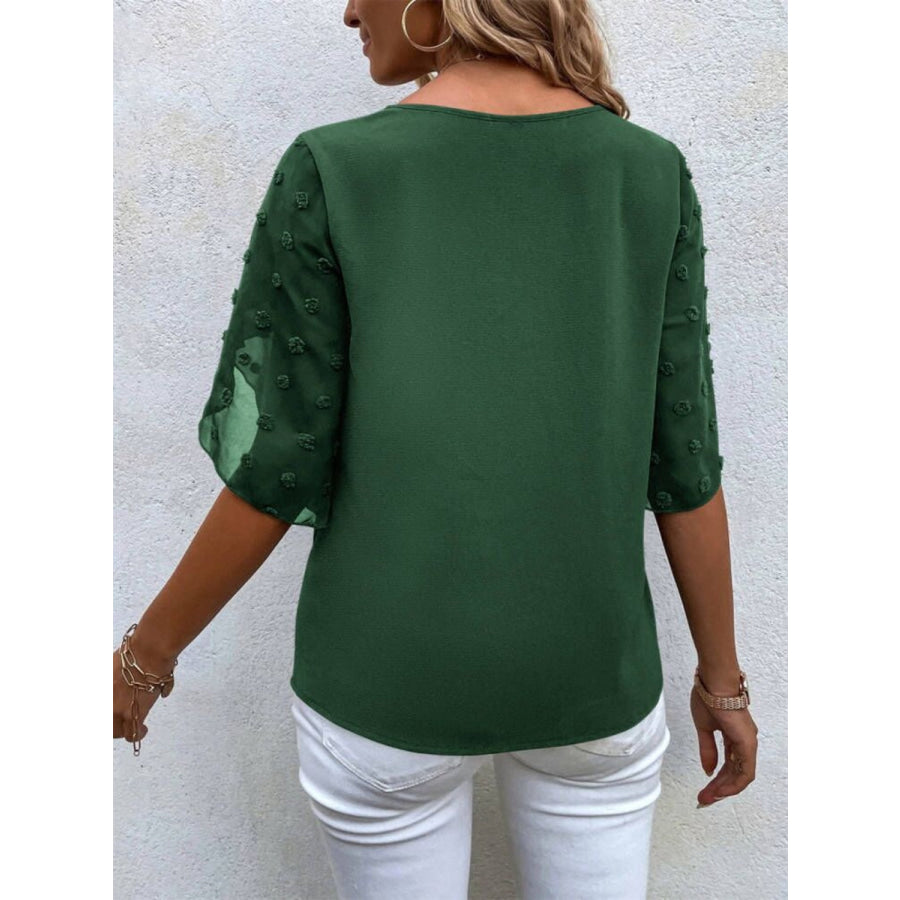 Swiss Dot Round Neck Half Sleeve Blouse Apparel and Accessories