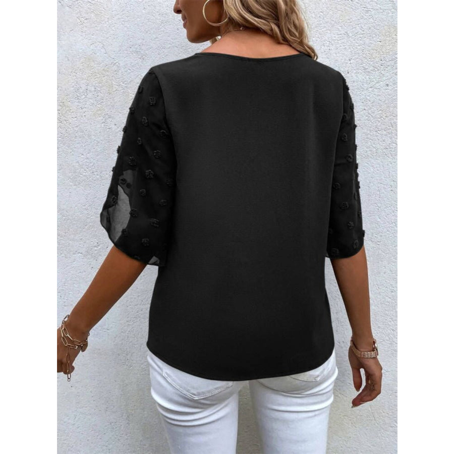 Swiss Dot Round Neck Half Sleeve Blouse Apparel and Accessories