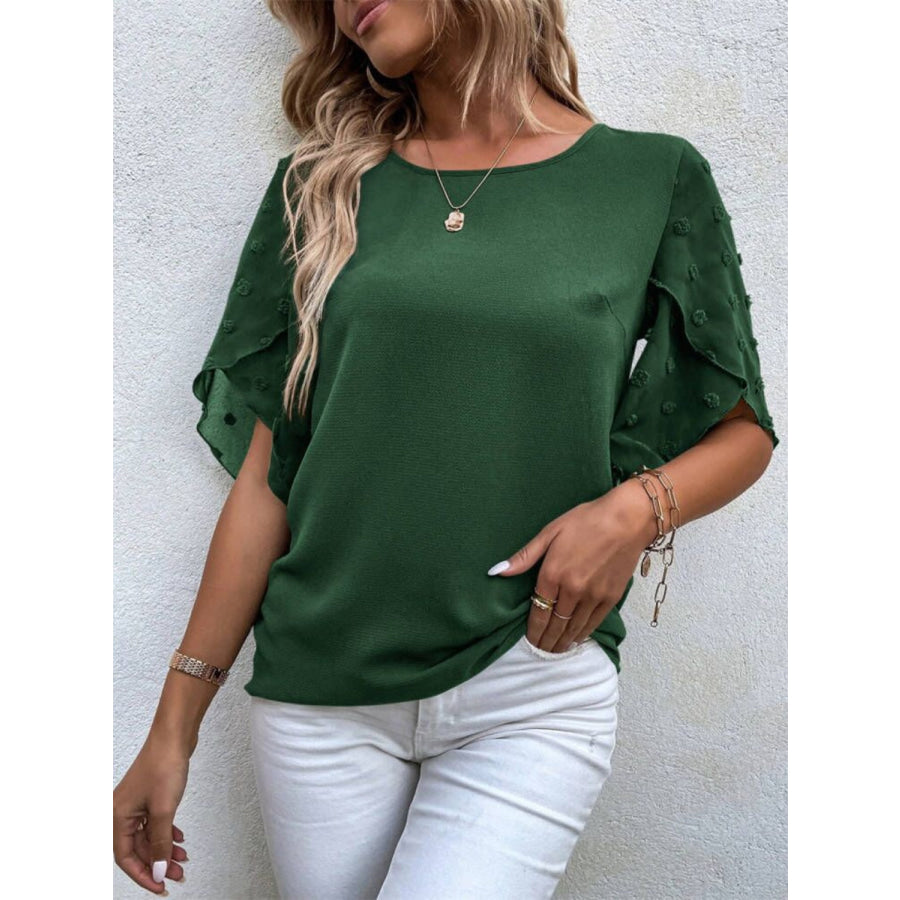 Swiss Dot Round Neck Half Sleeve Blouse Apparel and Accessories