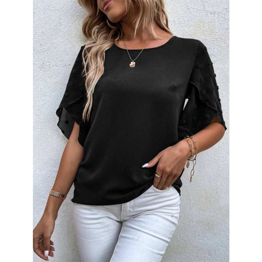 Swiss Dot Round Neck Half Sleeve Blouse Black / S Apparel and Accessories