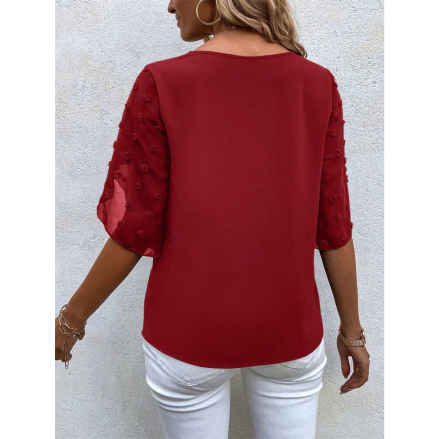 Swiss Dot Round Neck Half Sleeve Blouse Wine / S Apparel and Accessories