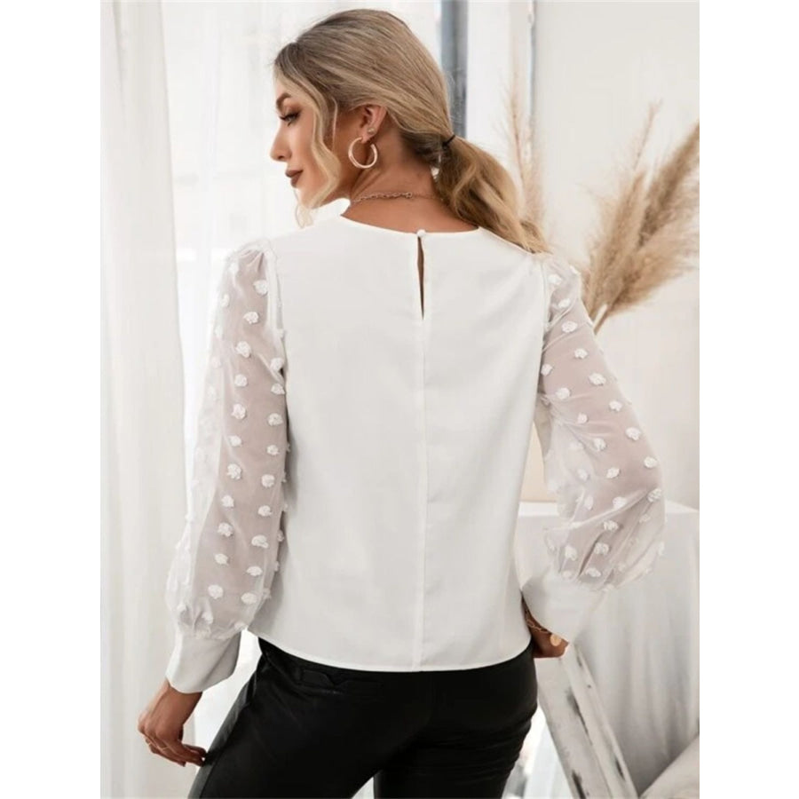 Swiss Dot Round Neck Long Sleeve Blouse Apparel and Accessories