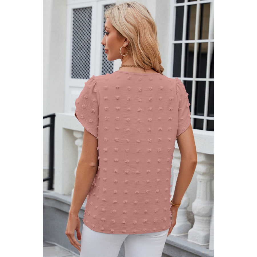 Swiss Dot Round Neck Petal Sleeve Blouse Apparel and Accessories