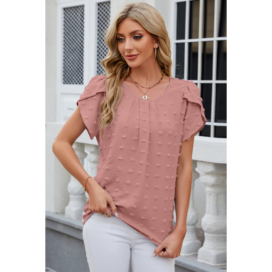 Swiss Dot Round Neck Petal Sleeve Blouse Apparel and Accessories