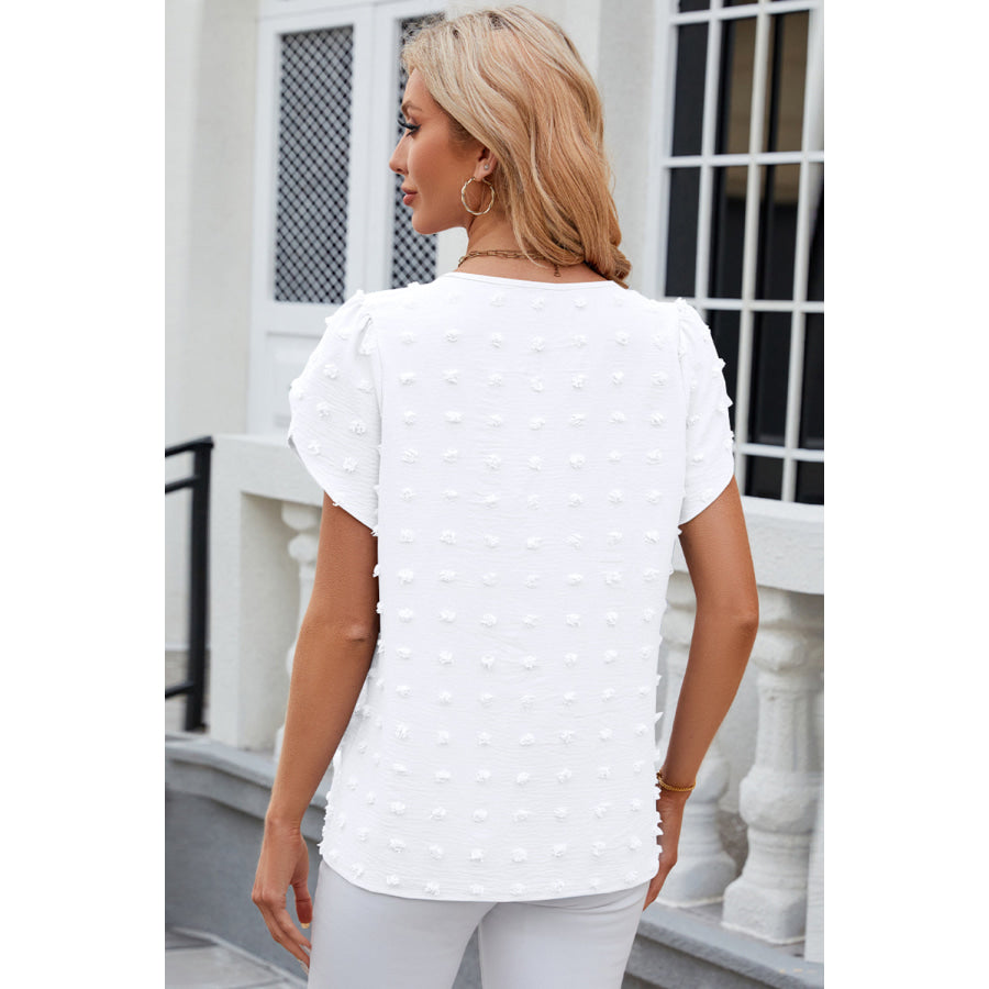 Swiss Dot Round Neck Petal Sleeve Blouse Apparel and Accessories