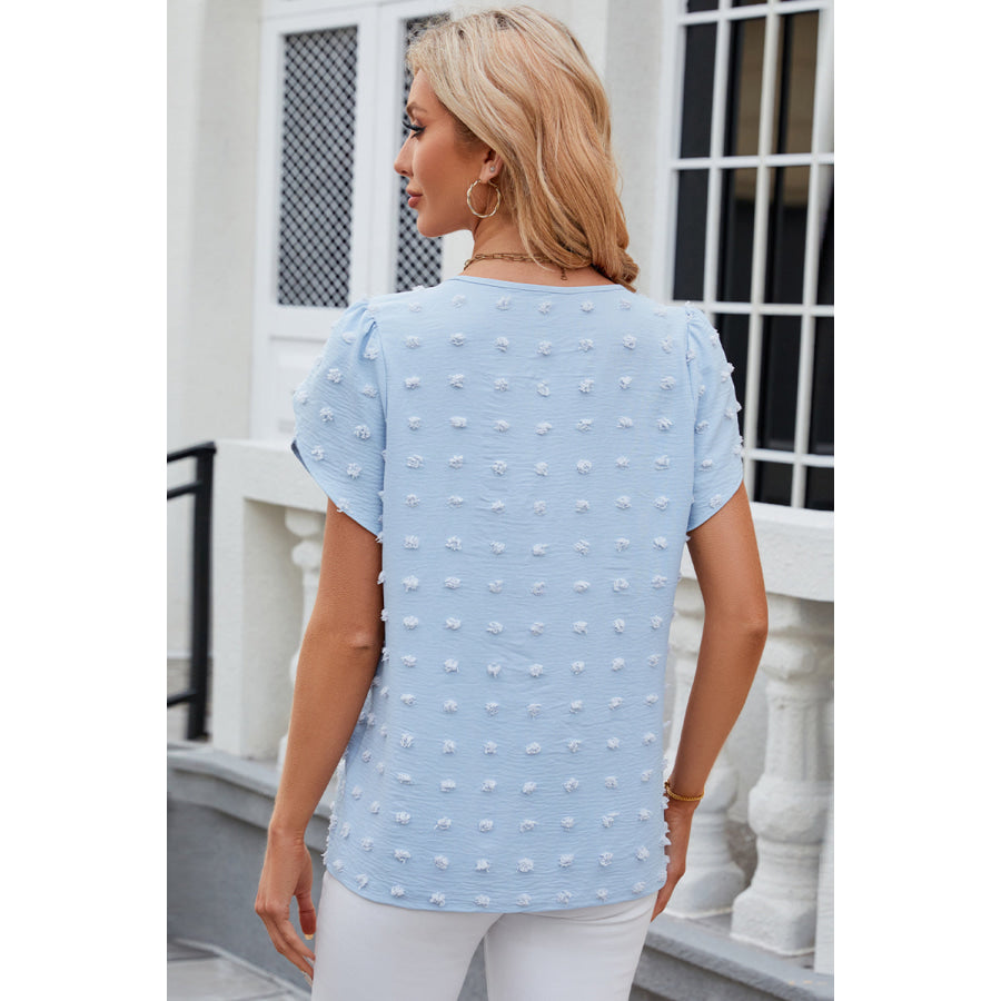 Swiss Dot Round Neck Petal Sleeve Blouse Blue / S Apparel and Accessories