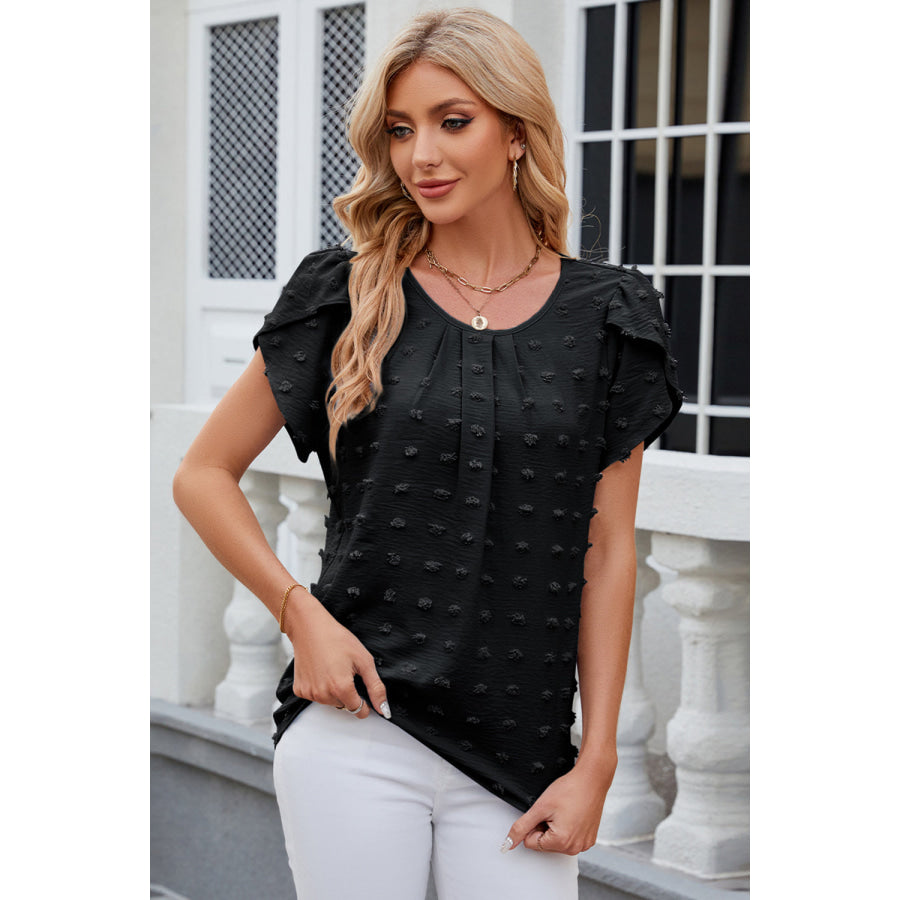 Swiss Dot Round Neck Petal Sleeve Blouse Black / S Apparel and Accessories