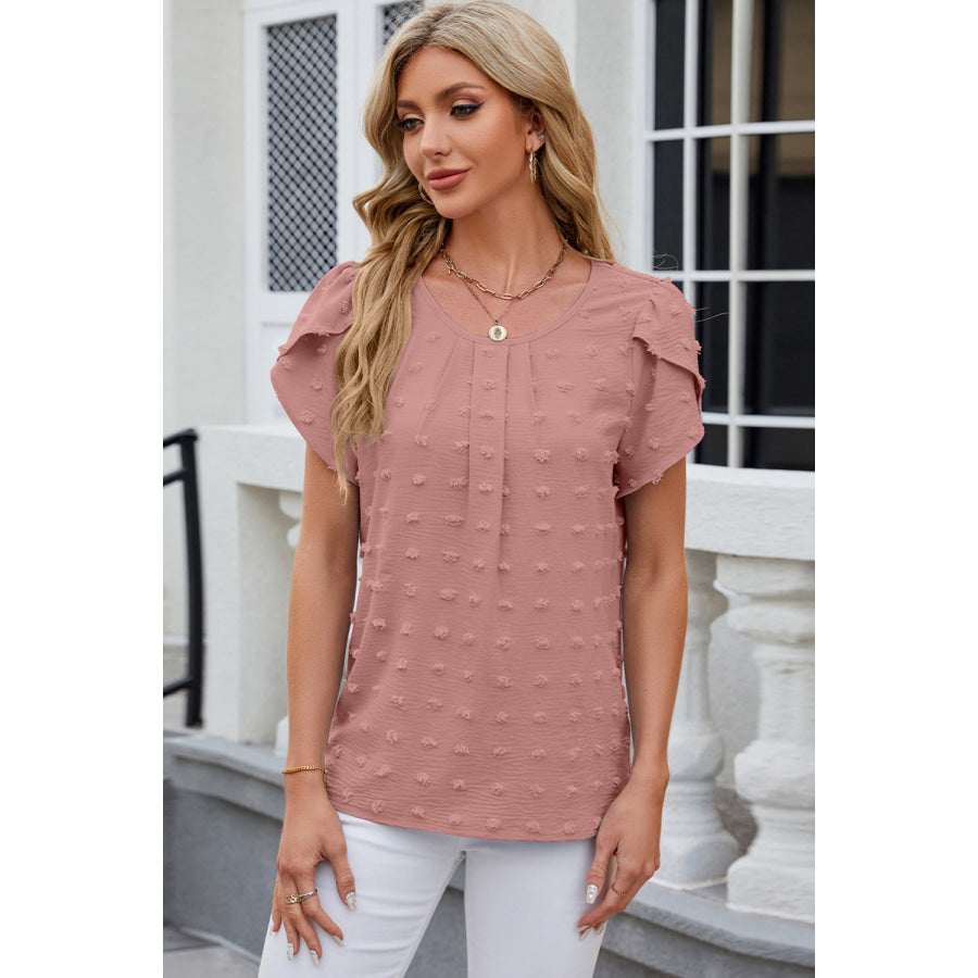 Swiss Dot Round Neck Petal Sleeve Blouse Pale Blush / S Apparel and Accessories