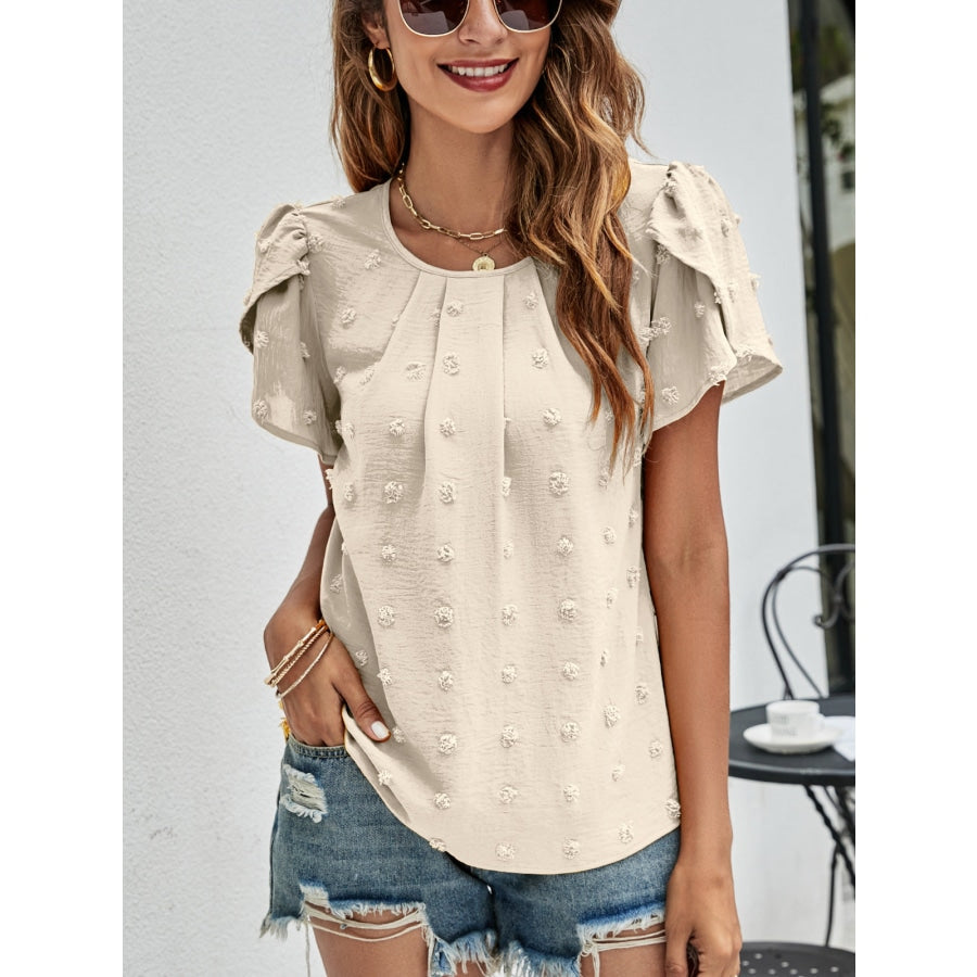 Swiss Dot Round Neck Petal Sleeve Top Beige / S