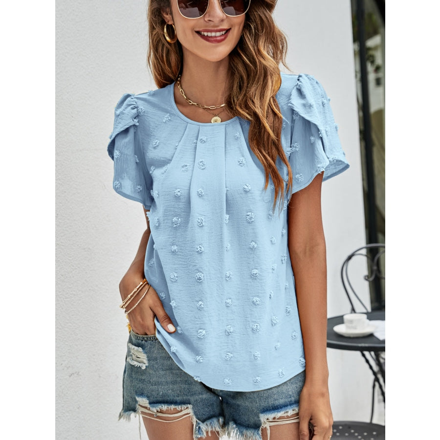 Swiss Dot Round Neck Petal Sleeve Top Blue / S